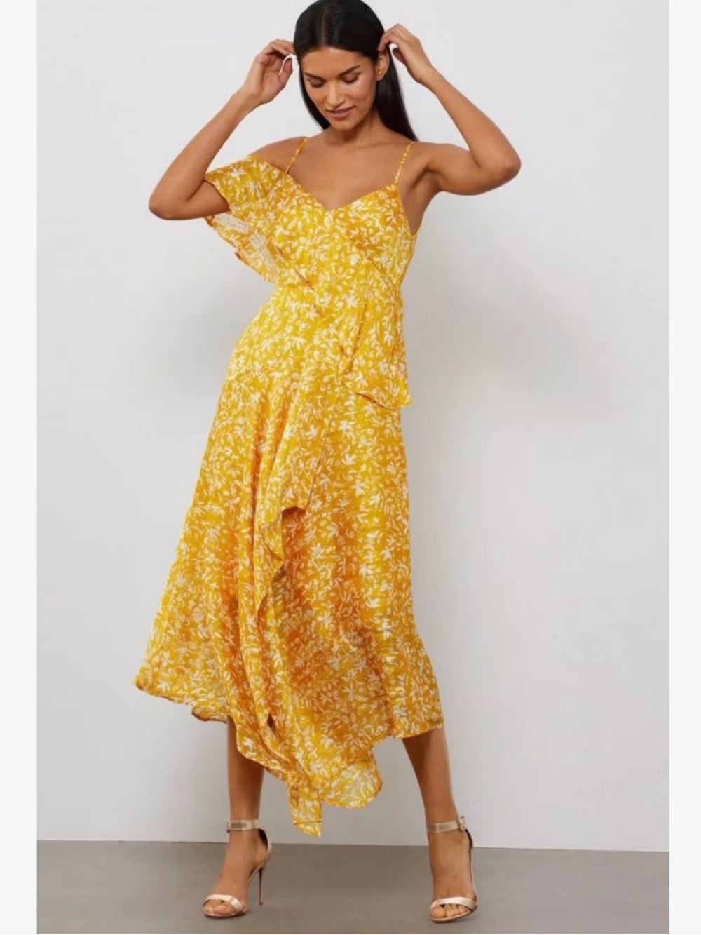 BCBGMaxAzria Yellow Floral High-Low Ruffle Dress
